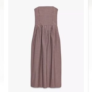 ZARA GINGHAM STRAPLESS MIDI DRESS | DARK PINK | 4661/229/664 | SIZE MEDIUM